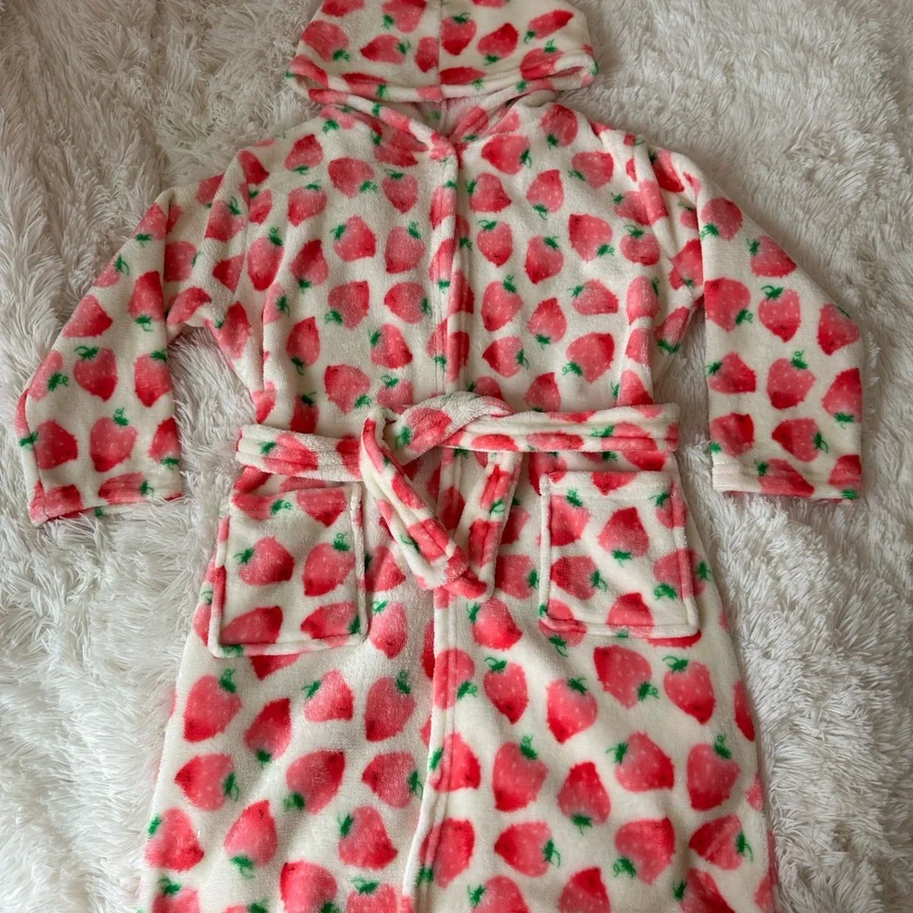 Girls Strawberry Print Fleece Hooded Robe Pink Green 6-7 Years Belted Soft Plush